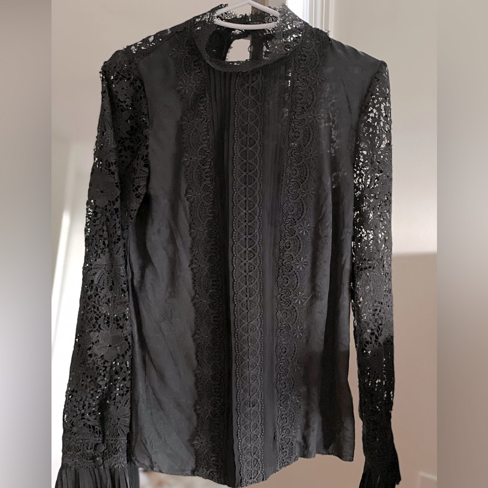ERDEM x H&M Black Floral Silk Blouse with Lace